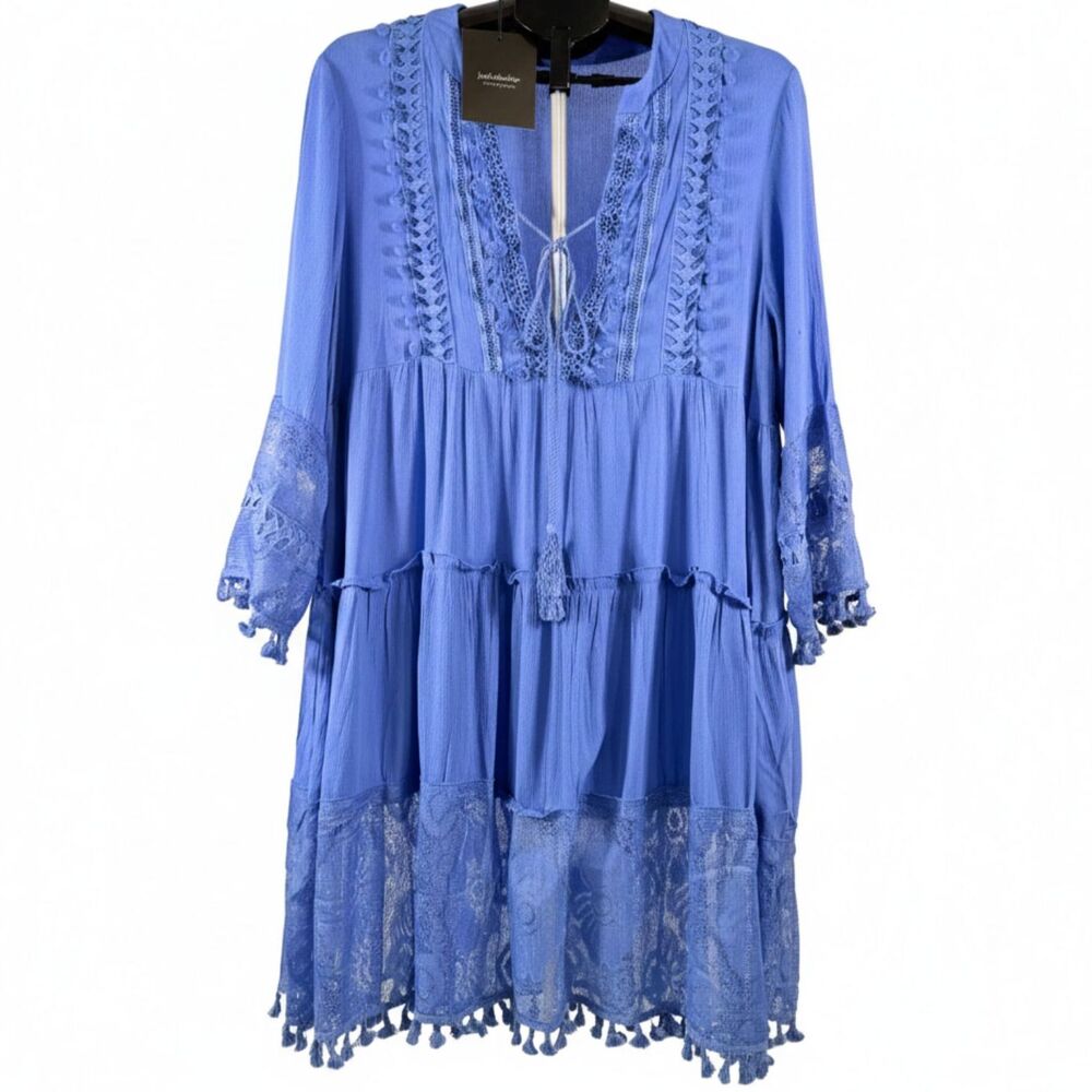 Justfashionnow Mini Dress Women M Blue Lace Trim Tassel Tiered V Neck Boho